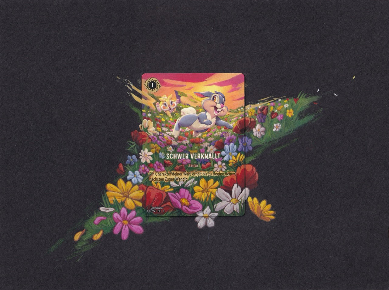 Twitterpated Lorcana card in a frame with a painted background