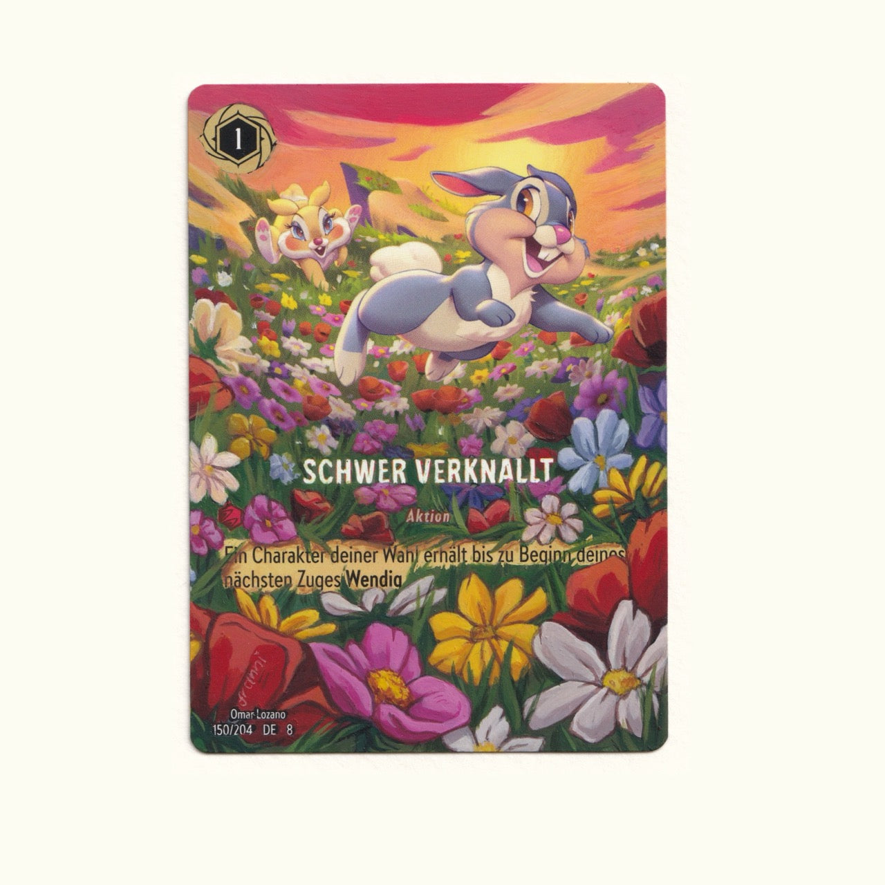 Twitterpated Lorcana card in a frame with a painted background